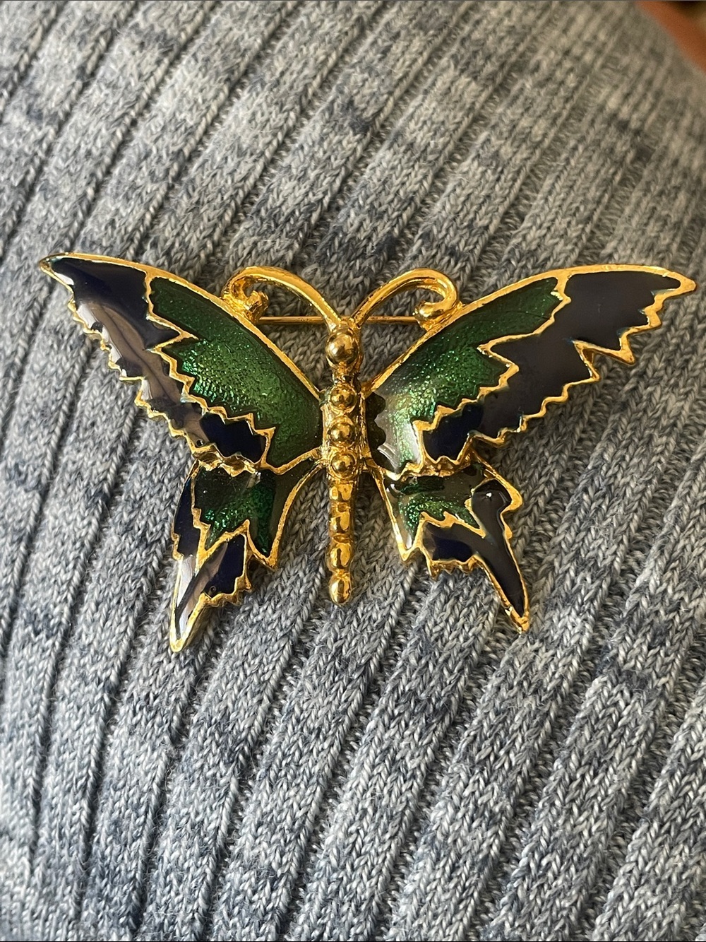 Gold-Tone Enamel Green & Black Butterfly Pin Brooch